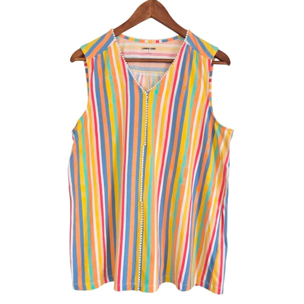 Vintage 70s Style Rainbow Candy Stripe Pom Pom Trim Tank Top L Dopamine Coastal